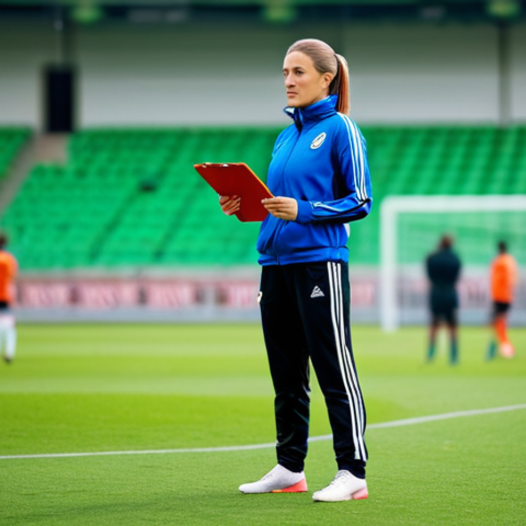 **

A professional female soccer coach in a modest tracksuit, clipboard in hand, standing on a vibrant green soccer field, observing players during practice. Background shows a stadium with blurred spectators. Fully clothed, appropriate attire, safe for work, perfect anatomy, natural proportions, professional sports photography, high quality, family-friendly.

**