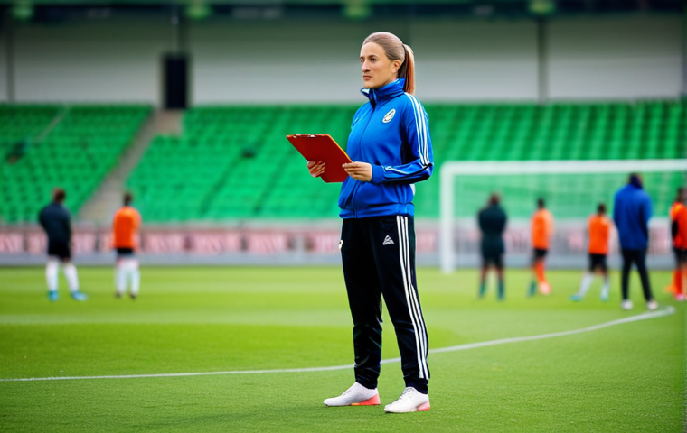 **

A professional female soccer coach in a modest tracksuit, clipboard in hand, standing on a vibrant green soccer field, observing players during practice. Background shows a stadium with blurred spectators. Fully clothed, appropriate attire, safe for work, perfect anatomy, natural proportions, professional sports photography, high quality, family-friendly.

**