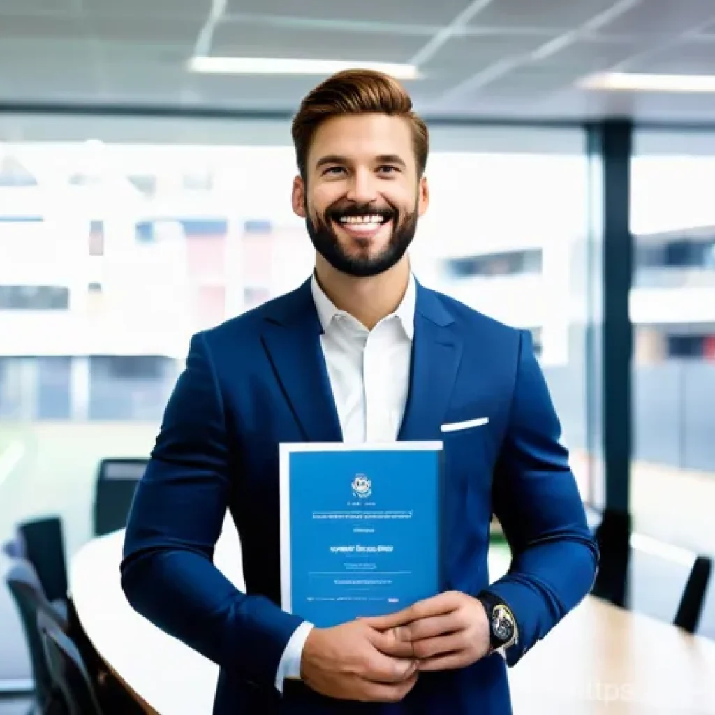 스포츠경영관리사 자격증 준비 커뮤니티 - **Prompt:** A confident male professional in his late 20s to early 30s, dressed in a stylish busines...