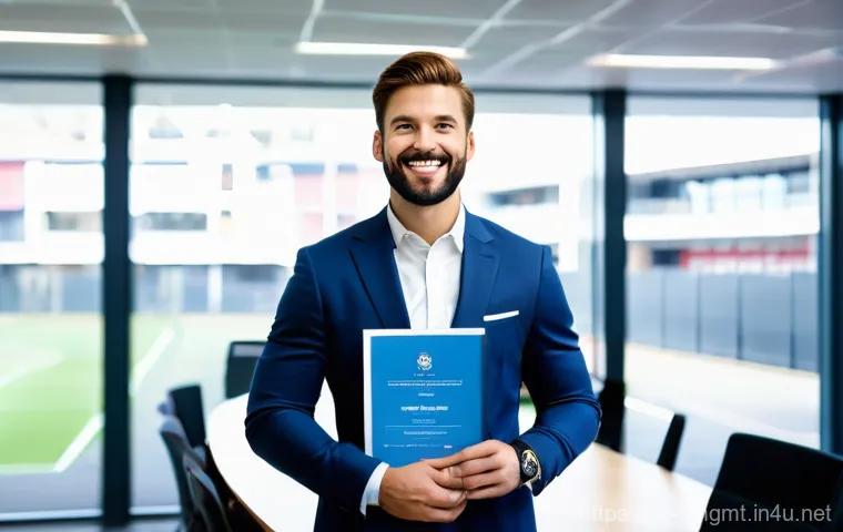 스포츠경영관리사 자격증 준비 커뮤니티 - **Prompt:** A confident male professional in his late 20s to early 30s, dressed in a stylish busines...