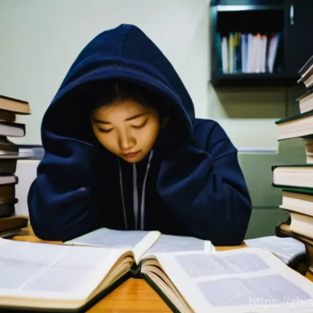 스포츠경영관리사 자격증 실패 사례 분석 - **Prompt:** A young East Asian female student, aged around 20-25, is sitting hunched over a cluttere...