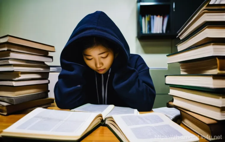 스포츠경영관리사 자격증 실패 사례 분석 - **Prompt:** A young East Asian female student, aged around 20-25, is sitting hunched over a cluttere...