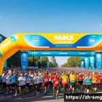 스포츠경영관리사와 스포츠 스타 마케팅 - A vibrant marathon event scene set in a modern urban park, showcasing a large, diverse crowd of enth...