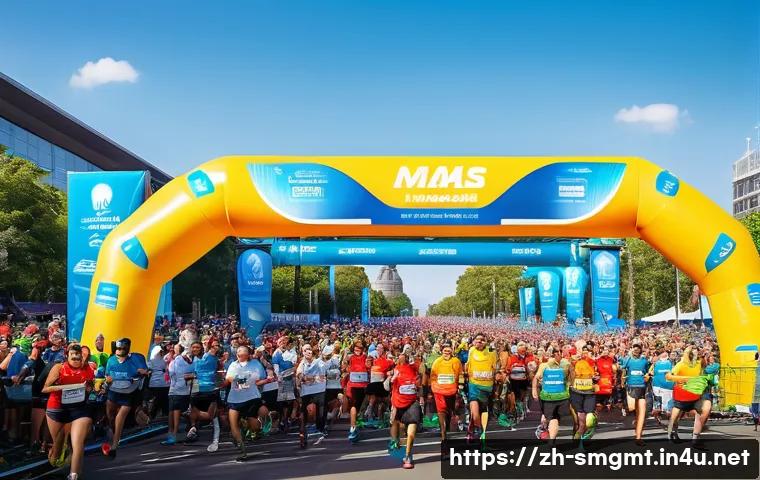 스포츠경영관리사와 스포츠 스타 마케팅 - A vibrant marathon event scene set in a modern urban park, showcasing a large, diverse crowd of enth...