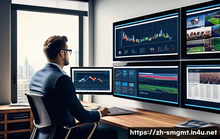 스포츠경영관리사와 방송권 협상 - A modern sports management office scene with diverse professionals analyzing big data on multiple la...