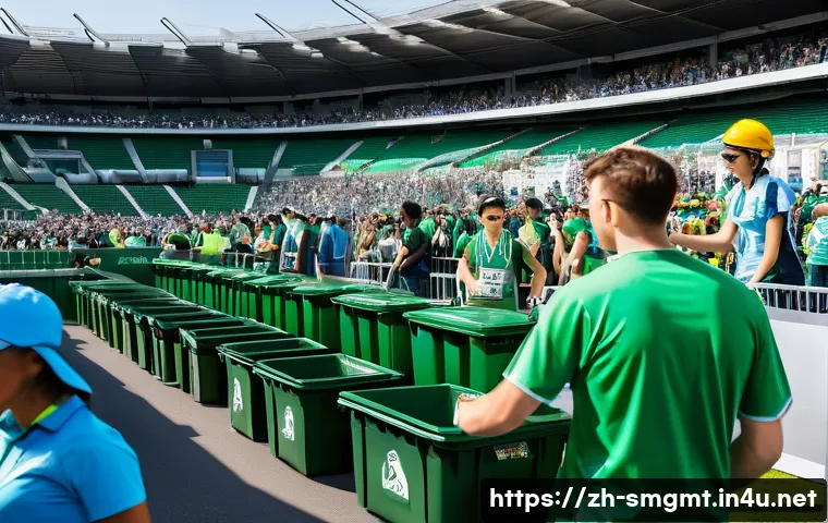 스포츠경영관리사와 환경 지속 가능성 - A vibrant city marathon scene set in a LEED-certified sports stadium, showcasing eco-friendly featur...