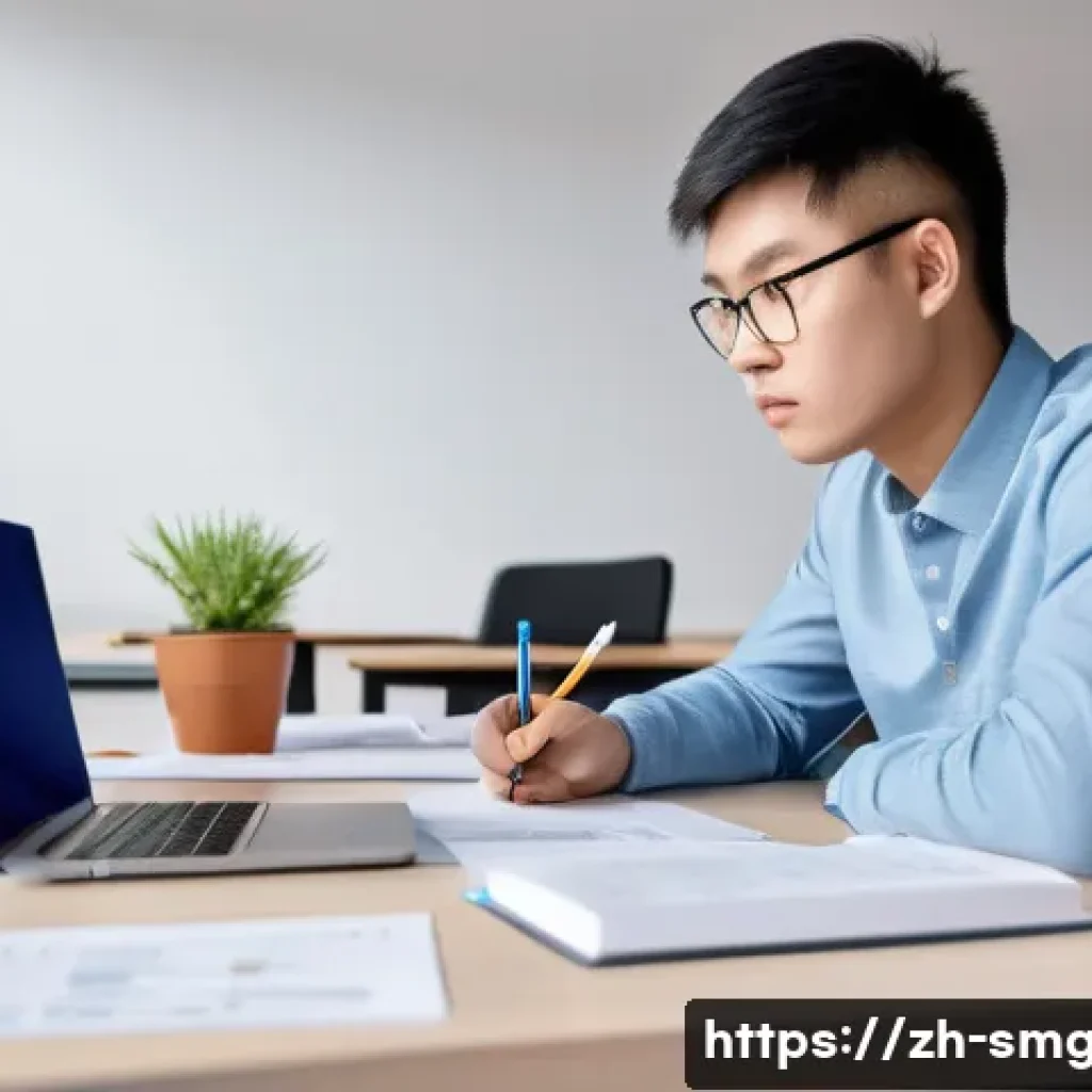 스포츠경영관리사 자격증 독학 가능한가 - A modern study scene featuring a young Chinese adult focused intently on exam preparation for sports...