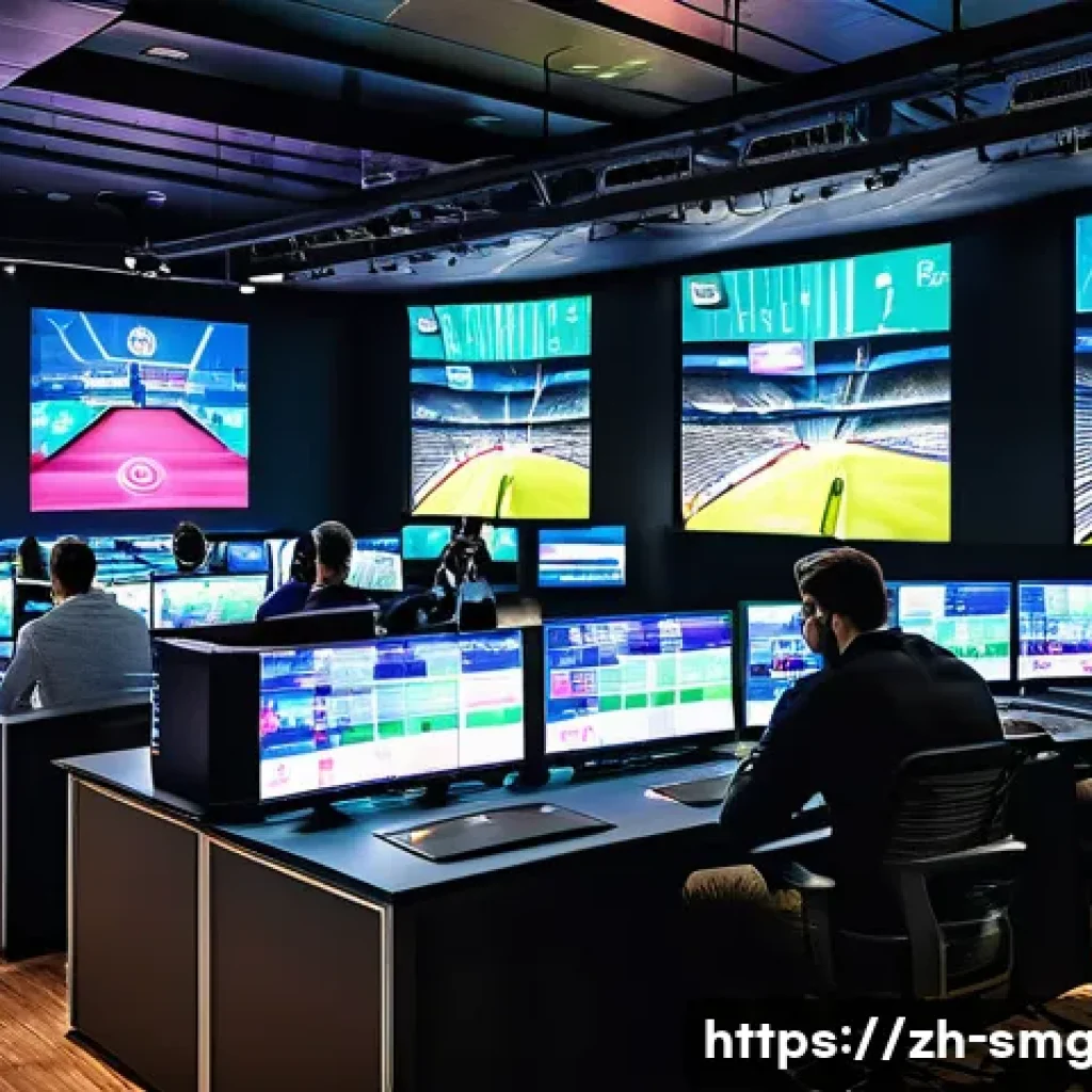 스포츠경영관리사와 팬 데이터 분석 사례 - A high-tech sports club control room filled with multiple large digital screens displaying integrate...