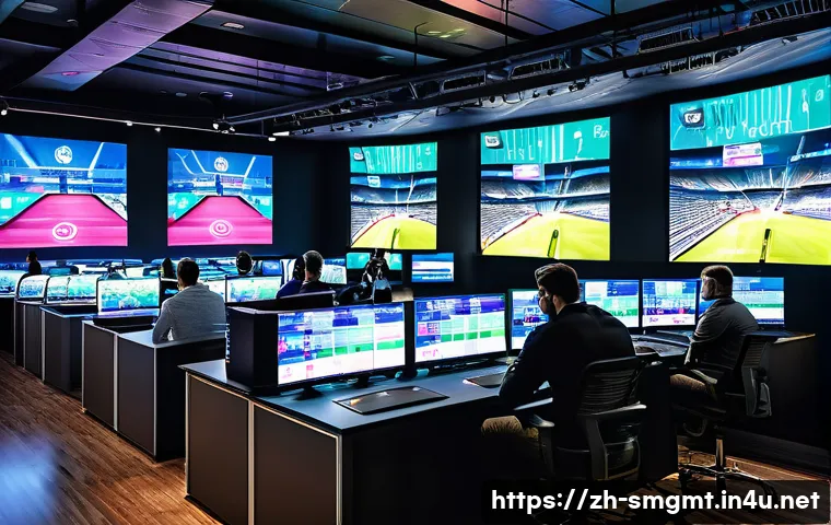 스포츠경영관리사와 팬 데이터 분석 사례 - A high-tech sports club control room filled with multiple large digital screens displaying integrate...