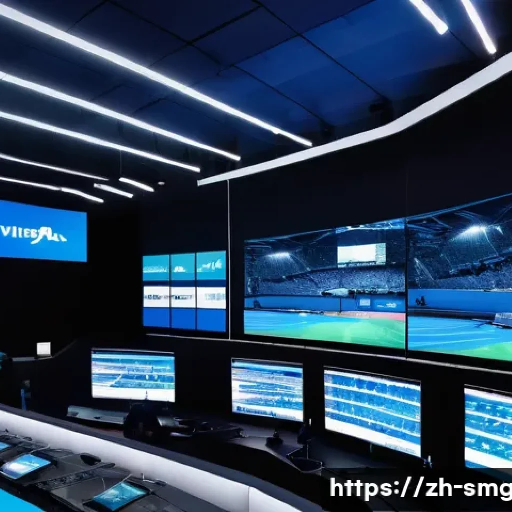 스포츠경영관리사와 최신 취업 트렌드 - A modern sports event control room filled with multiple large screens displaying live data analytics...
