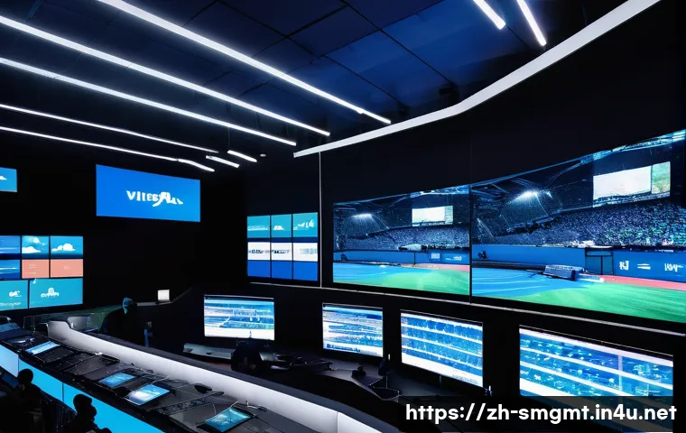 스포츠경영관리사와 최신 취업 트렌드 - A modern sports event control room filled with multiple large screens displaying live data analytics...