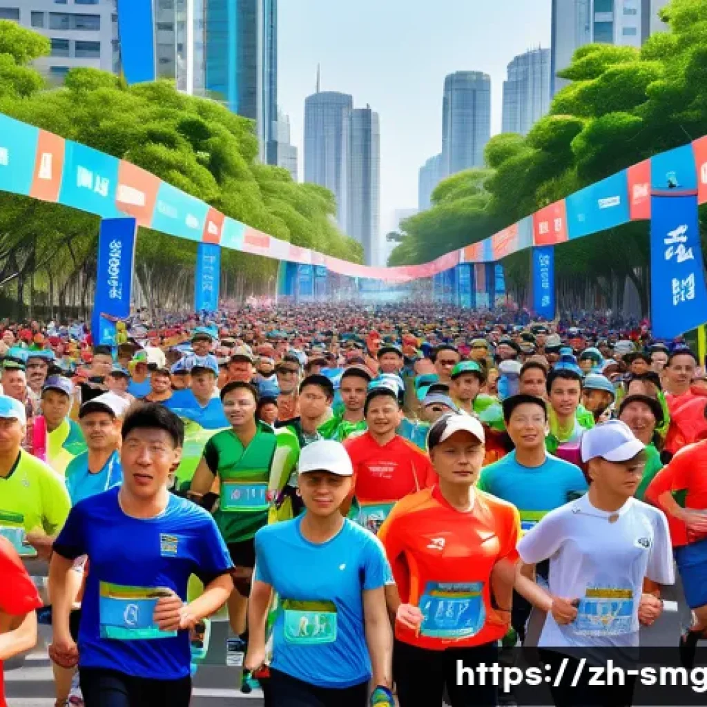 스포츠경영관리사와 대회 운영 실무 - A vibrant, large-scale outdoor marathon event in a modern Chinese city, showcasing a diverse crowd o...