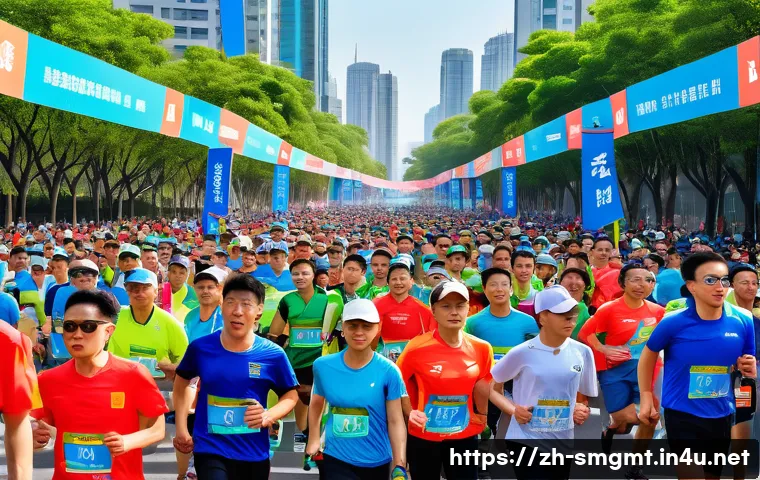 스포츠경영관리사와 대회 운영 실무 - A vibrant, large-scale outdoor marathon event in a modern Chinese city, showcasing a diverse crowd o...