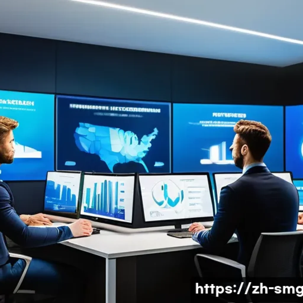 스포츠경영관리사와 데이터 기반 의사결정 - A modern sports management office scene with a diverse team of professionals analyzing large digital...