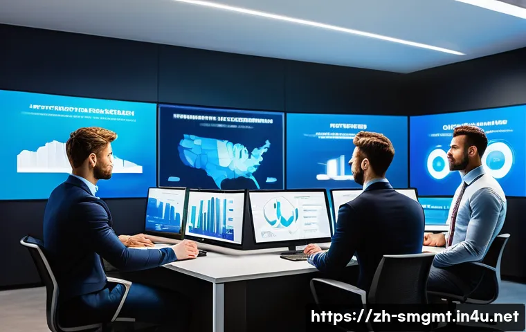 스포츠경영관리사와 데이터 기반 의사결정 - A modern sports management office scene with a diverse team of professionals analyzing large digital...