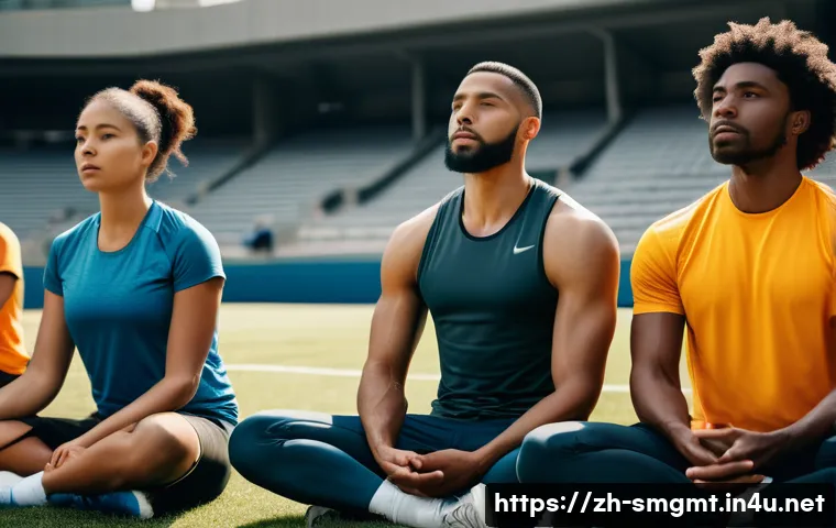 스포츠경영관리사와 스포츠심리학의 연관성 - A diverse sports team engaged in a dynamic group meditation session outdoors, with athletes wearing ...