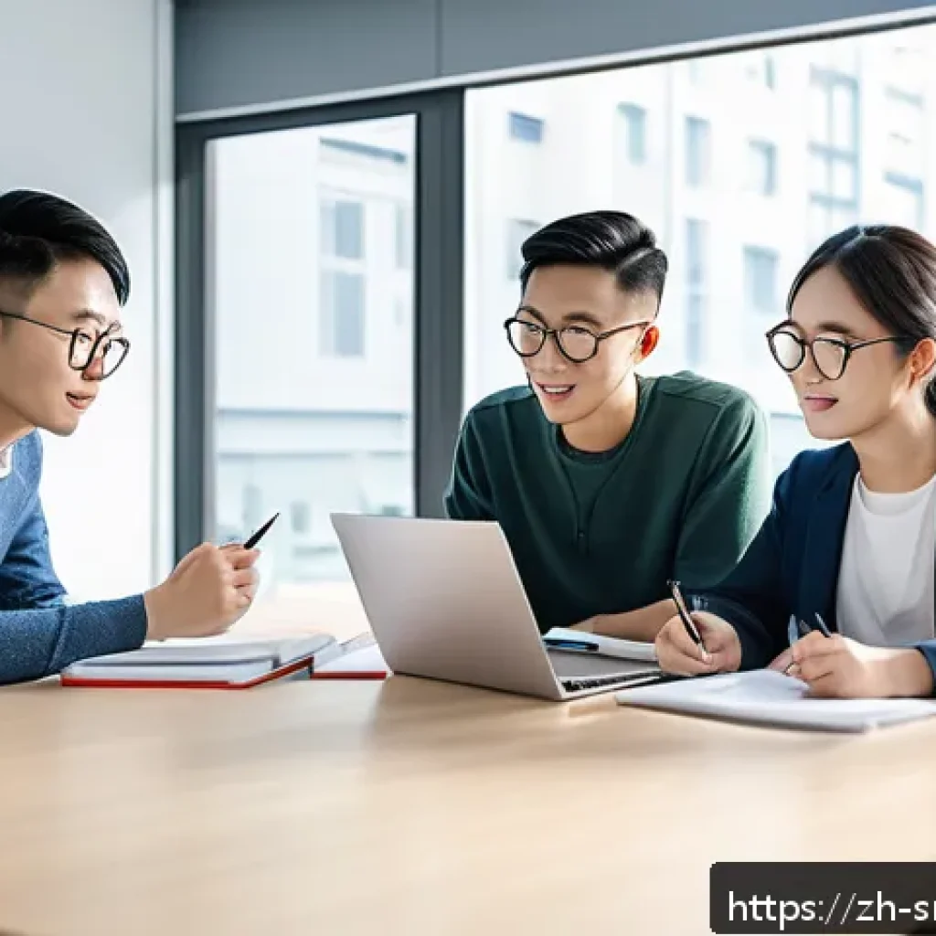 스포츠경영관리사 자격증 스터디 모임 - A modern study group of diverse young Chinese adults collaborating efficiently in a bright, minimali...