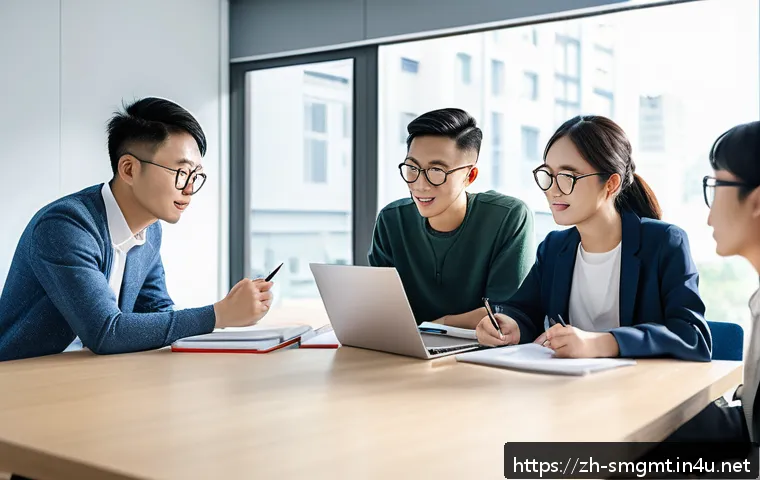 스포츠경영관리사 자격증 스터디 모임 - A modern study group of diverse young Chinese adults collaborating efficiently in a bright, minimali...
