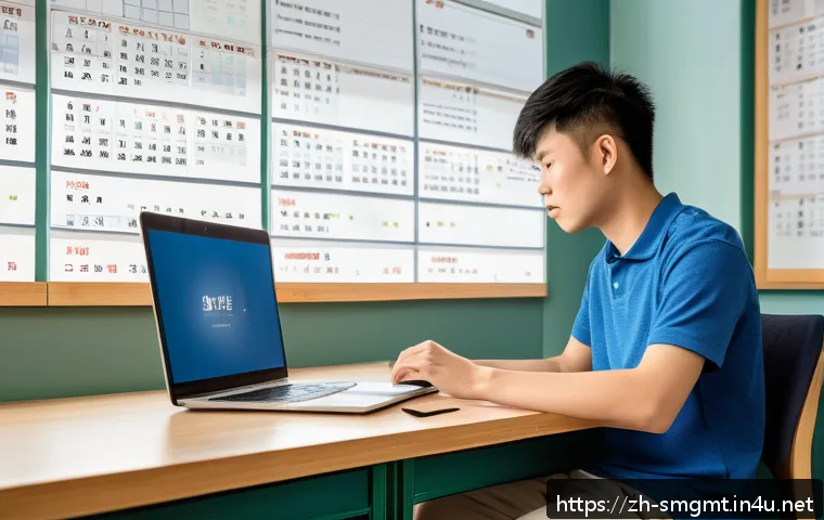 스포츠경영관리사 실기시험 합격 팁 - A modern study room scene showing a young Chinese student wearing casual clothes, attentively follow...