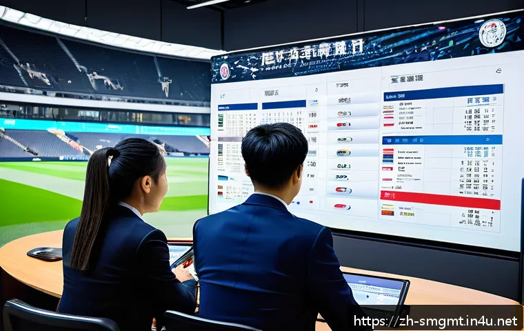 스포츠경영관리사 자격증 최신 트렌드 - A modern sports event management office scene showing a diverse team of professionals collaborating ...
