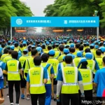 스포츠경영관리사와 리스크 관리 전략 - A dynamic outdoor marathon event scene showing a diverse group of volunteers and staff in brightly c...