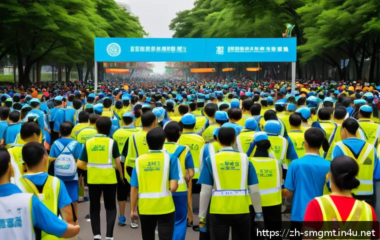 스포츠경영관리사와 리스크 관리 전략 - A dynamic outdoor marathon event scene showing a diverse group of volunteers and staff in brightly c...