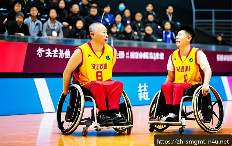 스포츠경영관리사와 장애인 스포츠 발전 - A dynamic sports scene featuring diverse disabled athletes engaged in wheelchair basketball and blin...