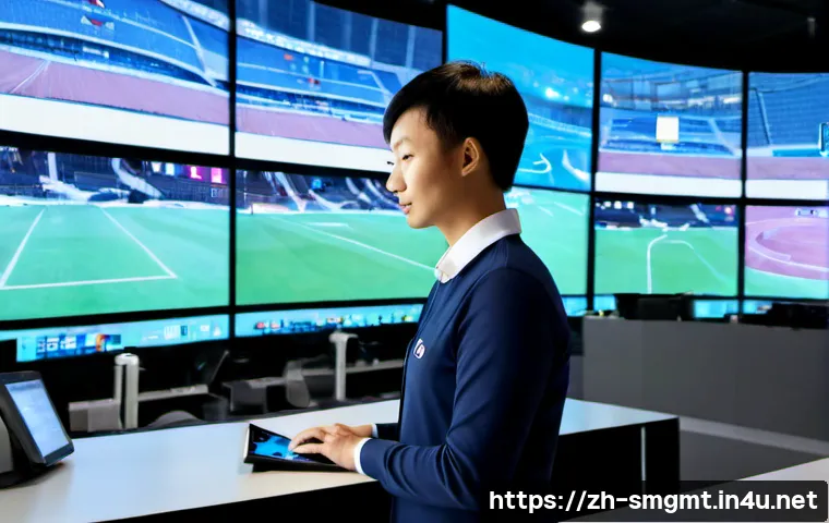 스포츠경영관리사와 스마트 스포츠 기술 - Photorealistic modern sports operations center, a professional sports manager in business-casual att...