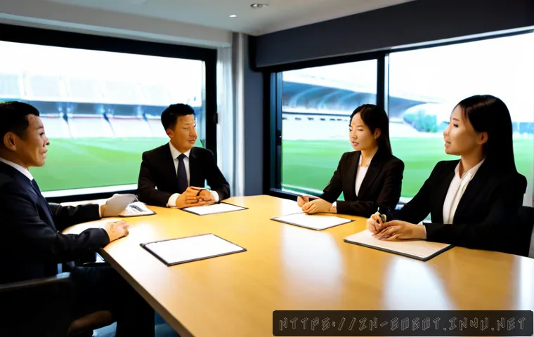 스포츠경영관리사와 여성 리더십 사례 - Photorealistic sports management meeting in a modern stadium operations office, confident Chinese fe...
