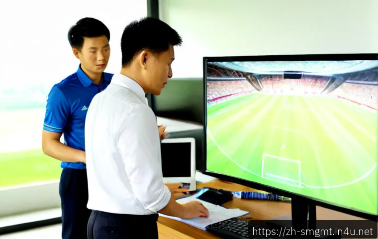 스포츠경영관리사 업무 필수 스킬 - Photorealistic sports management professional reviewing team performance analytics on a large monito...
